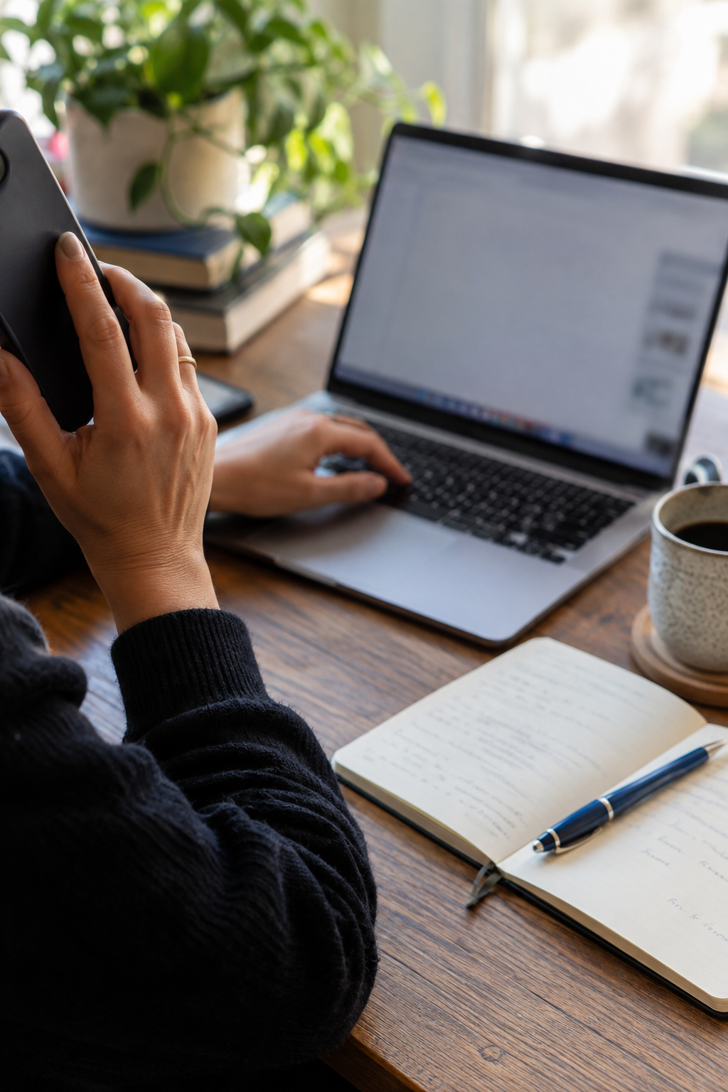 Hands working on a laptop while taking a business call