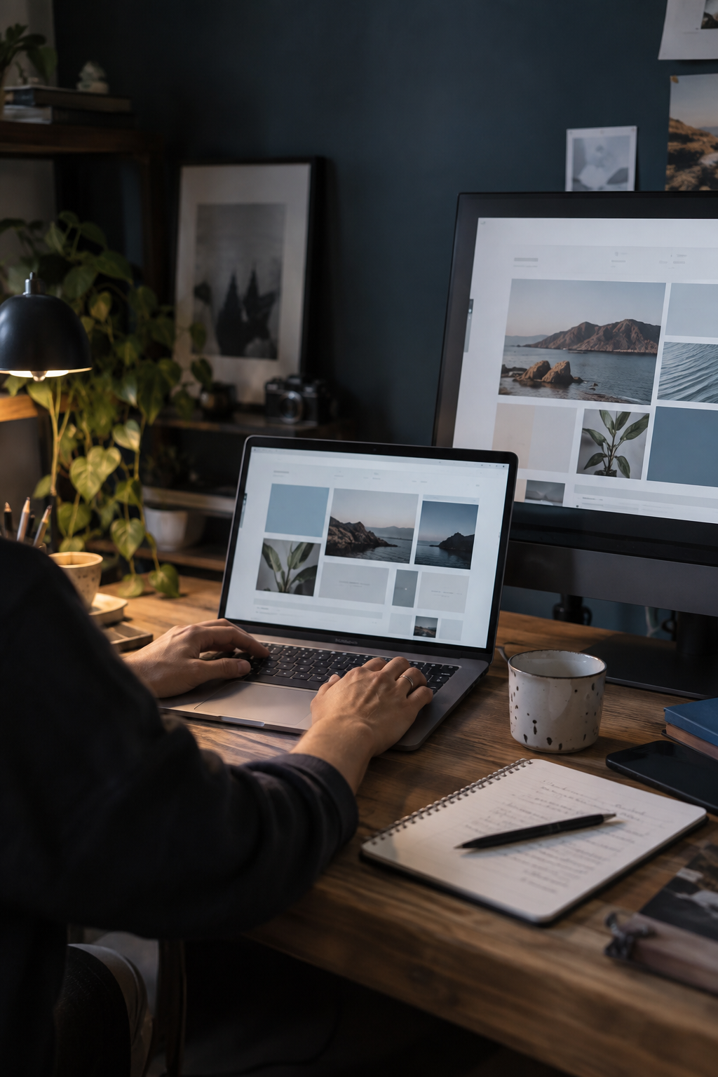 Hands refining a website layout on a laptop and monitor